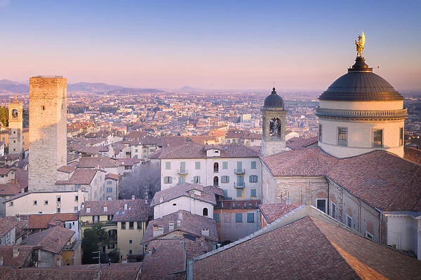 Cathedral of Bergamo with Torre del Gombito from above during sunset, Upper Town