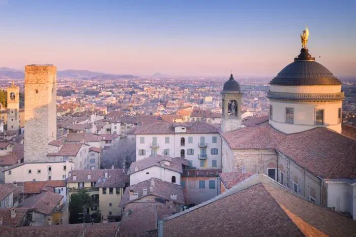 Framed Print : Cathedral of Bergamo with Torre del Gombito from above during sunset, Upper Town Framed Print : Cathedral of Bergamo with Torre del Gombito from above during sunset, Upper Town