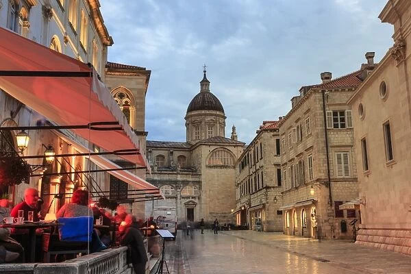 Cathedral and busy outdoor cafe, evening blue hour, Old Town, Dubrovnik, UNESCO World Heritage Site