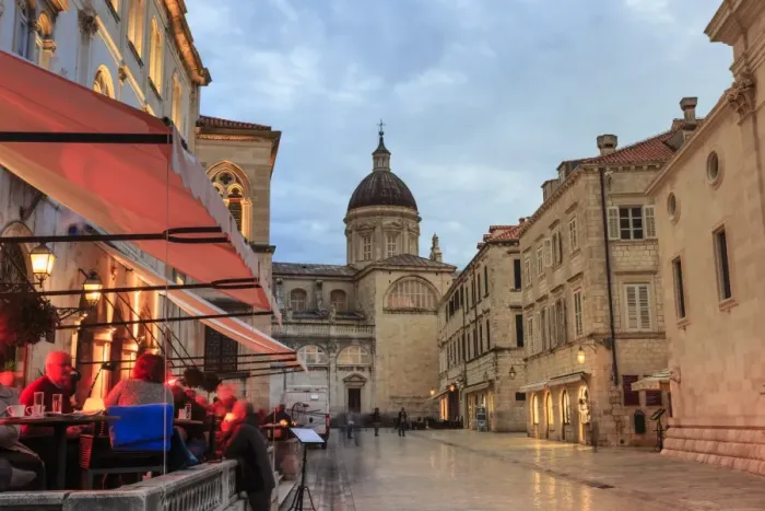 Framed Print : Cathedral and busy outdoor cafe, evening blue hour, Old Town, Dubrovnik, UNESCO World Heritage Site Framed Print : Cathedral and busy outdoor cafe, evening blue hour, Old Town, Dubrovnik, UNESCO World Heritage Site