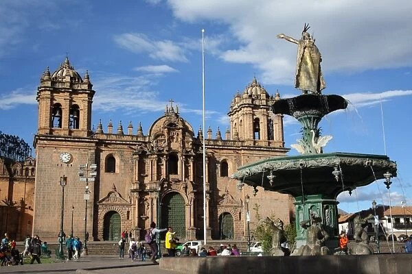 Cathedral and fountain in Plaza de Armas, Cuzco, UNESCO World Heritage Site, Peru