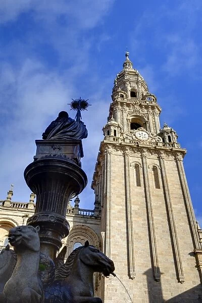 Cathedral and fountain in Praterias Plaza, Santiago de Compostela, UNESCO World Heritage Site, Galicia, Spain, Europe