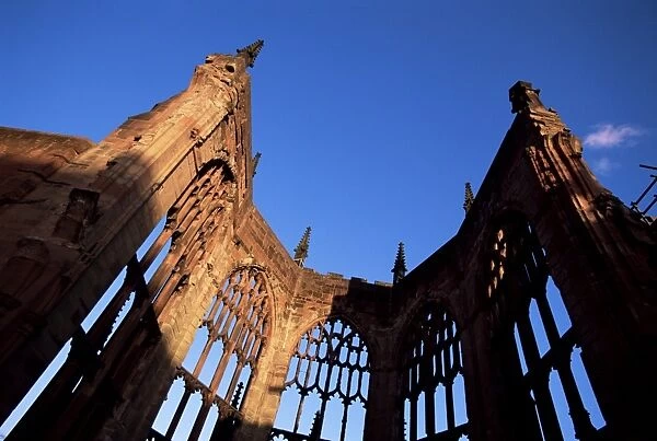 Cathedral ruins in evening light, Coventry, West Midlands, England, United Kingdom