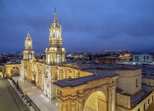 Cathedral at twilight, Plaza de Armas, elevated view, Arequipa, Peru, South America