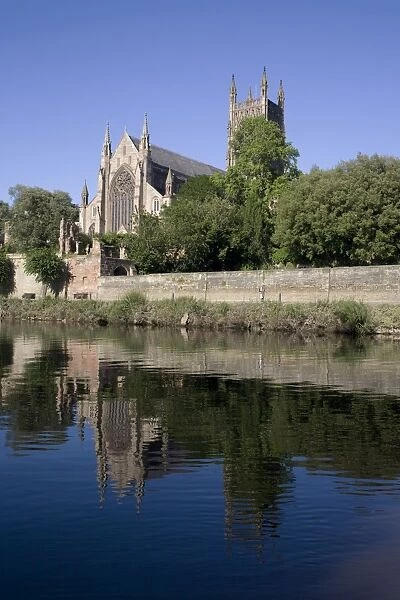 Cathedral west side and River Severn, Worcester, Worcestershire, England, United Kingdom, Europe