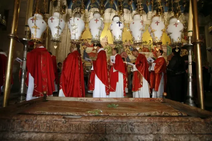 Framed Print : Catholic procession at the Stone of the Anointing, Church of the Holy Sepulchre