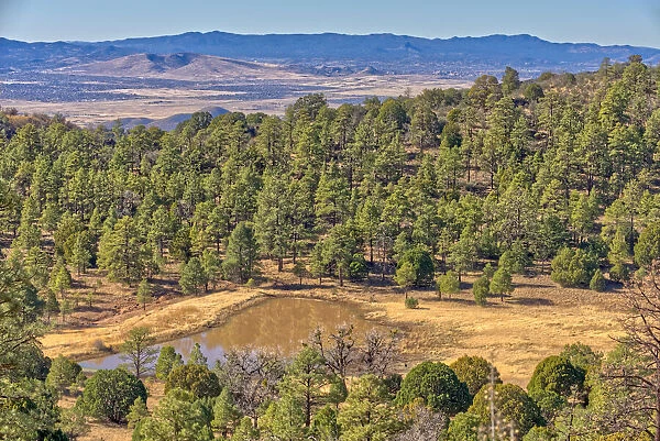 Cattle Tank viewed from Woodchute Mountain Trail, located in Prescott National Forest with Prescott in the background, Arizona, United States of America, North America
