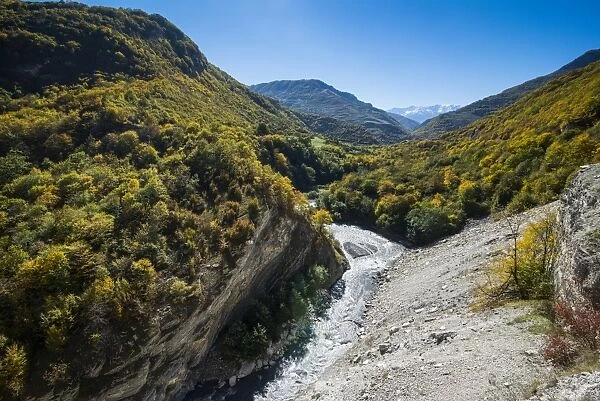 The Caucasian Mountains in fall with the Argun River, Chechnya, Caucasus, Russia, Europe