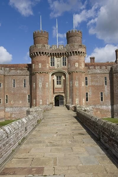 Causeway to main entrance of the 15th century Herstmonceux Castle, East Sussex