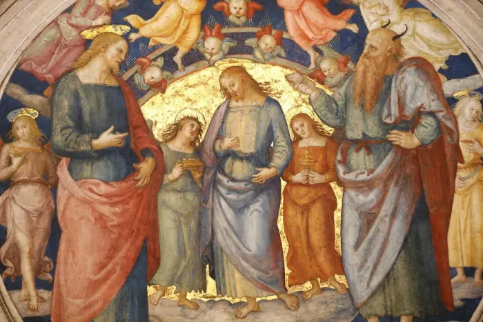 Framed Print : Detail of the ceiling showing the Temptation of Jesus, Room of the Fire in the Borgo Framed Print : Detail of the ceiling showing the Temptation of Jesus, Room of the Fire in the Borgo