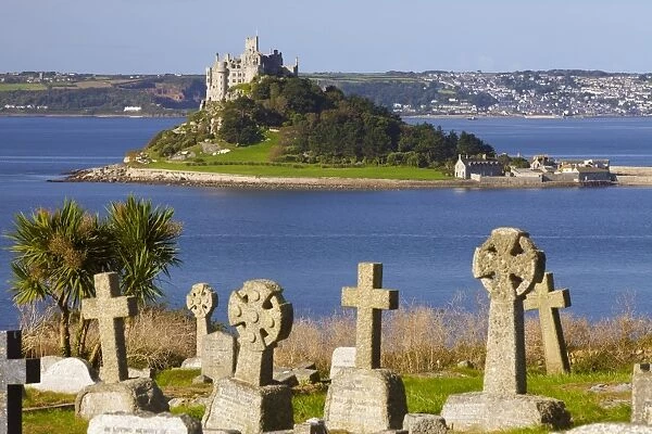 Cemetery with St. Michaels Mount in the background, Cornwall, England, United Kingdom, Europe