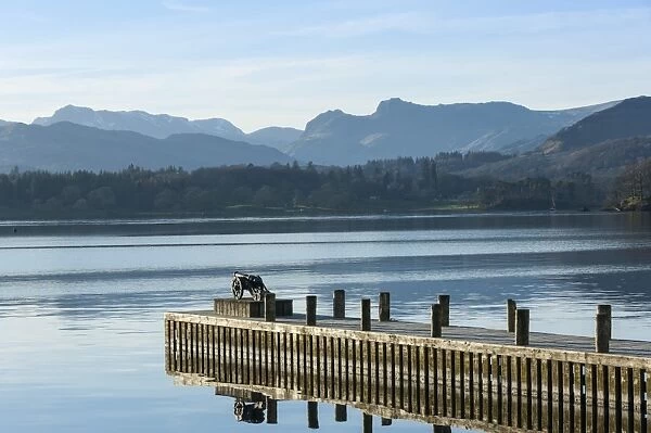 Central Fells, Scawfell, and the Langdale Pikes viewed from Low Wood race cannon, across Lake Windermere, South Lakes, Lake District National Park, Cumbria, England, United Kingdom, Europe