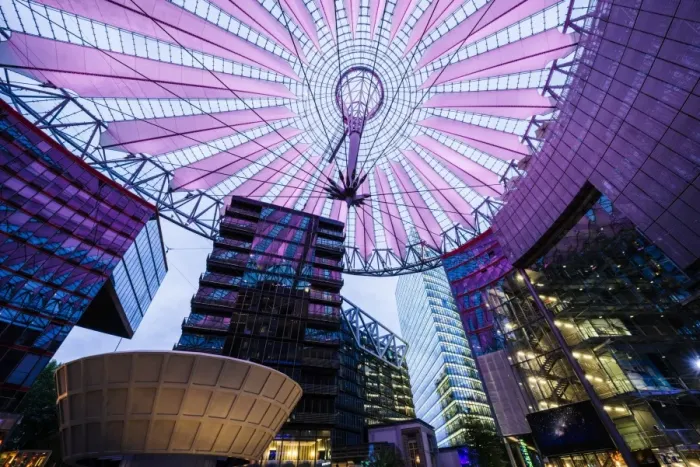 Framed Print : Central forum glass ceiling of the Sony Centre illuminated at night, Potsdamer Platz Framed Print : Central forum glass ceiling of the Sony Centre illuminated at night, Potsdamer Platz