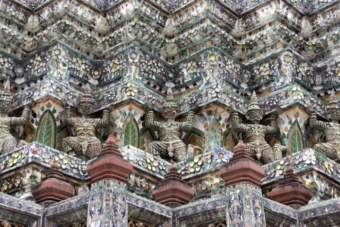 Framed Print : Detail of the Central Prang showing demon figures and ceramic decoration created using broken ceramics used as ballast in the 19th century on Chinese trading ships, Wat Arun, Bangkok, Thailand, Southeast Asia, Asia Framed Print : Detail of the Central Prang showing demon figures and ceramic decoration created using broken ceramics used as ballast in the 19th century on Chinese trading ships, Wat Arun, Bangkok, Thailand, Southeast Asia, Asia