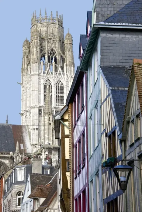 Framed Print : Detail of Central Tower of Saint Maclou church dating from the 15th century, and half timbered houses, Rouen, Upper Normandy, France, Europe Framed Print : Detail of Central Tower of Saint Maclou church dating from the 15th century, and half timbered houses, Rouen, Upper Normandy, France, Europe