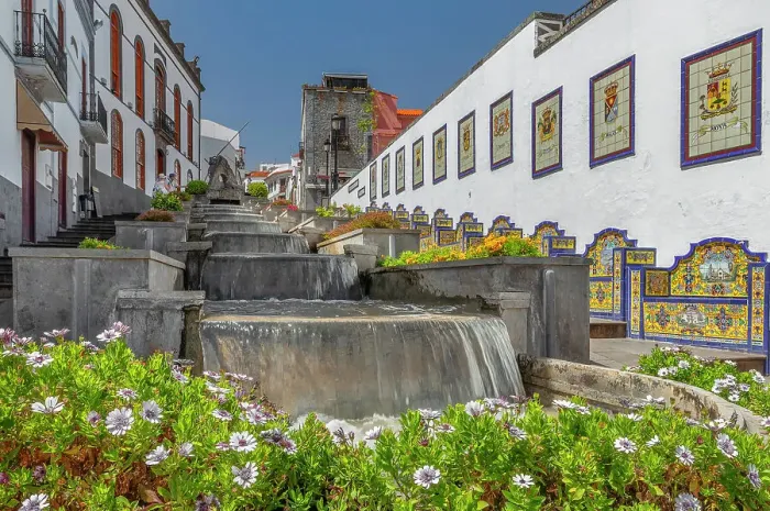 Framed Print : Ceramic benches by water stairs Paseo de Canarias, Firgas, Gran Canaria, Canary Islands, Spain, Atlantic, Europe Framed Print : Ceramic benches by water stairs Paseo de Canarias, Firgas, Gran Canaria, Canary Islands, Spain, Atlantic, Europe