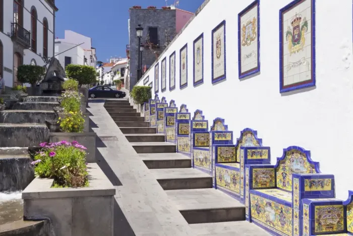 Framed Print : Ceramic benches by the water stairs, Paseo de Canarias, Firgas, Gran Canaria, Canary Islands, Spain, Atlantic, Europe Framed Print : Ceramic benches by the water stairs, Paseo de Canarias, Firgas, Gran Canaria, Canary Islands, Spain, Atlantic, Europe