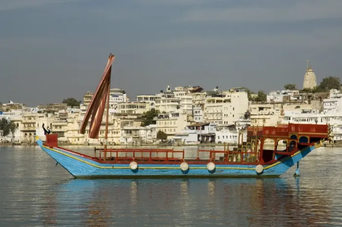 Framed Print : Ceremonial boat used by the Lake Palace Hotel with Framed Print : Ceremonial boat used by the Lake Palace Hotel with