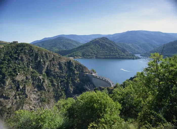 Framed Print : The Cevennes Dam, with the Lac de Villefort and hills in the background Framed Print : The Cevennes Dam, with the Lac de Villefort and hills in the background