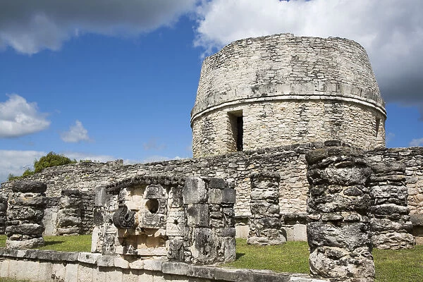 Chac Mask in the foreground, Round Temple in the background, Mayan Ruins, Mayapan Archaeological Zone, Yucatan State, Mexico, North America