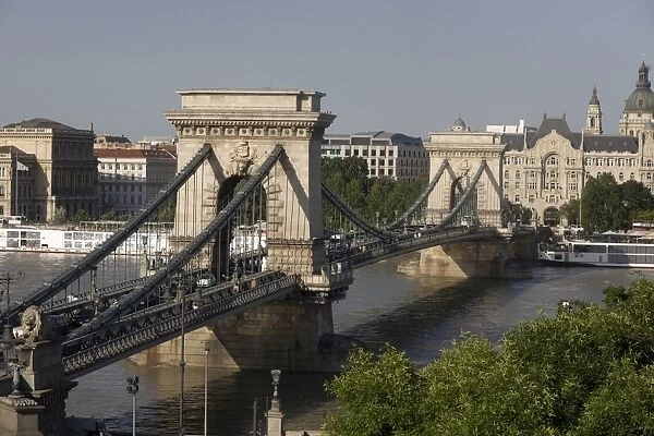 Chain bridge seen from above Clark Adam square, Budapest, Hungary, Europe
