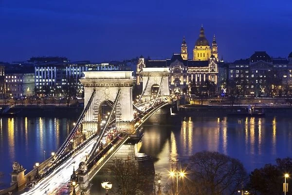 Chain Bridge and St. Stephens Basilica at dusk, UNESCO World Heritage Site, Budapest, Hungary, Europe