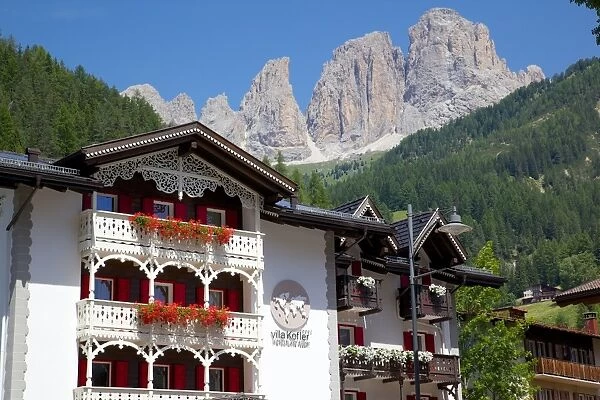 Chalet balconies, Ciampedel, Fassa Valley, Trento Province, Trentino-Alto Adige  /  South Tyrol, Italian Dolomites, Italy, Europe