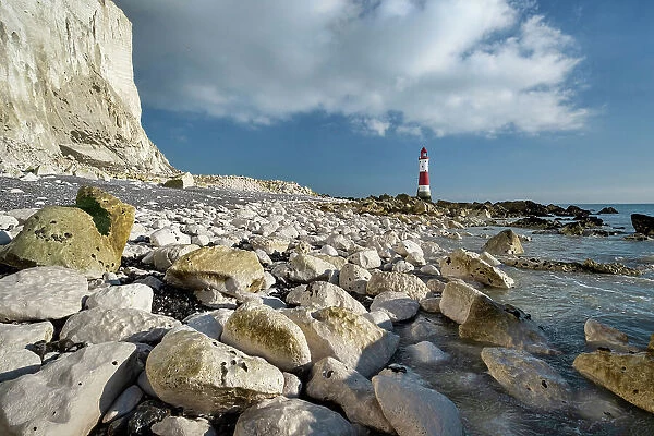 Chalk Boulders below Beachy Head & Beachy Head Lighthouse, near Eastbourne, South Downs National Park, East Sussex, England, United Kingdom, Europe