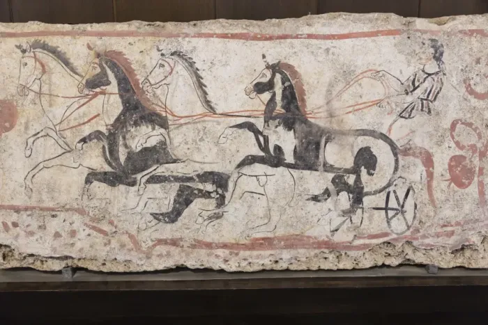 Framed Print : Charioteer and horses, painted tomb slab detail, National Archaeological Museum, Paestum
