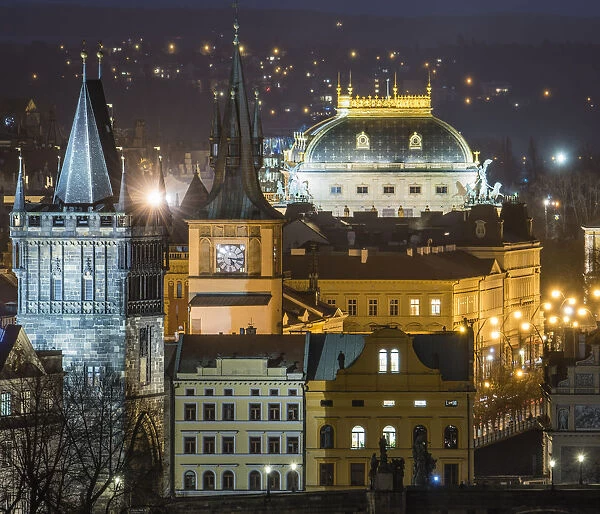 Charles Bridge East Tower and National Theatre at night, Prague, Czech Republic, Europe