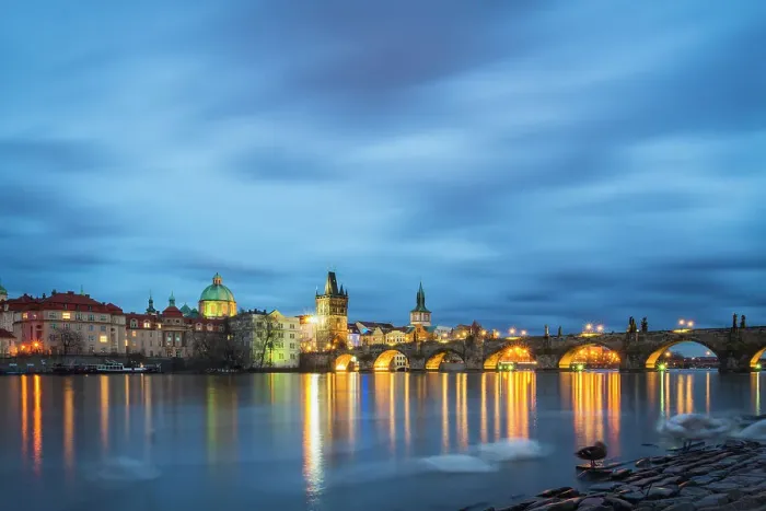 Framed Print : Charles Bridge, OId Town Bridge Tower and dome of St. Francis of Assisi Church by Vltava River at twilight, Prague, Czechia, Europe Framed Print : Charles Bridge, OId Town Bridge Tower and dome of St. Francis of Assisi Church by Vltava River at twilight, Prague, Czechia, Europe