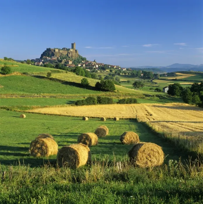 Framed Print : Chateau de Polignac and hay bales, Polignac, Haute-Loire, Auvergne, France, Europe Framed Print : Chateau de Polignac and hay bales, Polignac, Haute-Loire, Auvergne, France, Europe