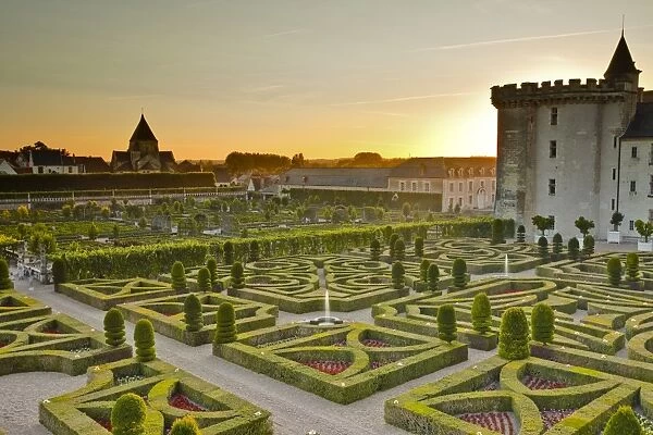 The Chateau de Villandry and its gardens at sunset, UNESCO World Heritage Site, Indre-et-Loire, Loire Valley, France, Europe