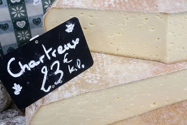 Cheese on a market stall, Saint-Gervais-les-Bains, Rhone-Alpes, France, Europe