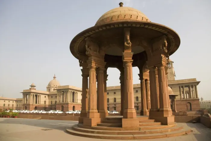 Framed Print : A chhattri stands in front of the Herbert Baker designed North Block Secretariat Building in New Delhi Framed Print : A chhattri stands in front of the Herbert Baker designed North Block Secretariat Building in New Delhi