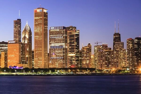 Chicago cityscape at dusk viewed from Lake Michigan, Chicago, Illinois, United States of America, North America