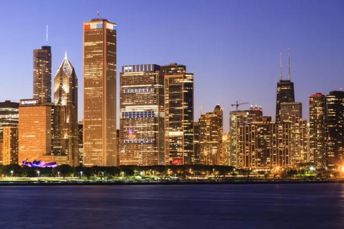 Framed Print : Chicago cityscape at dusk viewed from Lake Michigan, Chicago, Illinois, United States of America, North America Framed Print : Chicago cityscape at dusk viewed from Lake Michigan, Chicago, Illinois, United States of America, North America