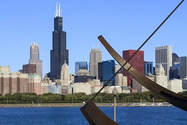 Chicago cityscape from Lake Michigan, the Adler Planetarium Sundial in the foreground with the Willis Tower, formerly the Sears Tower, beyond, Chicago, Illinois, United States of America, North America