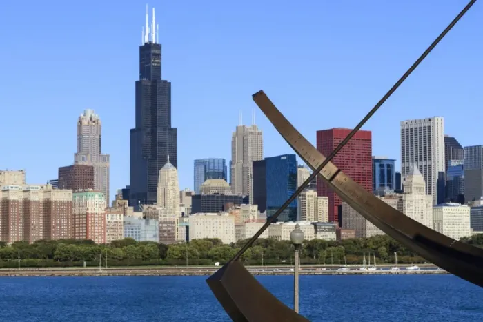 Framed Print : Chicago cityscape from Lake Michigan, the Adler Planetarium Sundial in the foreground with the Willis Tower, formerly the Sears Tower, beyond, Chicago, Illinois, United States of America, North America Framed Print : Chicago cityscape from Lake Michigan, the Adler Planetarium Sundial in the foreground with the Willis Tower, formerly the Sears Tower, beyond, Chicago, Illinois, United States of America, North America