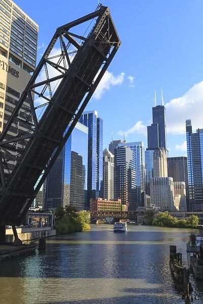 Chicago River and Downtown towers, Willis Tower, formerly the Sears Tower in the background, a raised disused railway bridge in the foreground, Chicago, Illinois, United States of America, North America