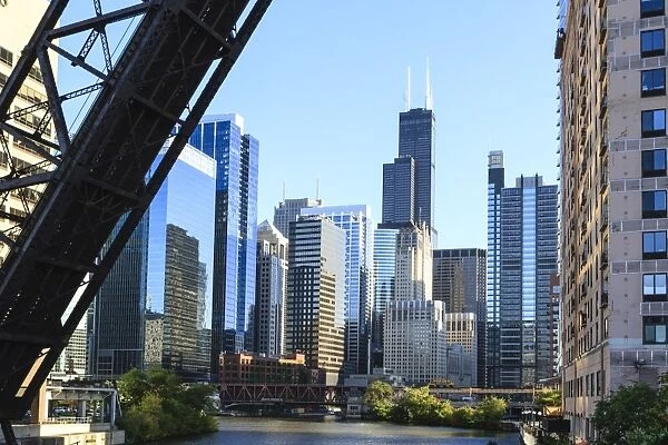 Chicago River and towers including the Willis Tower, formerly Sears Tower, with a disused raised rail bridge in the foreground, Chicago, Illinois, United States of America, North America
