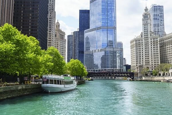 Chicago River with Trump Tower and Wrigley Building, Chicago, Illinois, United States of America