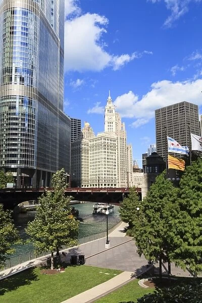 Chicago River Walk and towers including Trump Tower and the Wrigley Building, Chicago, Illinois, United States of America, North America