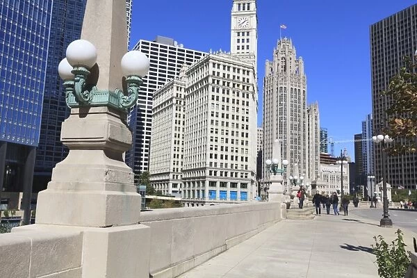 Chicago Riverwalk on West Wacker Drive with Trump Tower, Wrigley Building and Tribune Tower, Chicago, Illinois, United States of America, North America