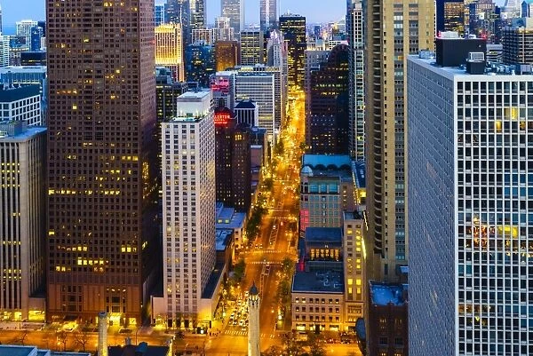 Chicago skyscrapers and North Michigan Avenue at dusk, Chicago, Illinois, United States of America