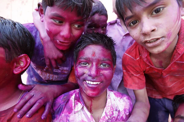 Children at Holi celebration in Goverdan, Uttar Pradesh, India, Asia