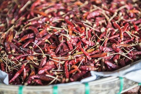 Chillies for sale at Hsipaw (Thibaw) market, Shan State, Myanmar (Burma), Asia
