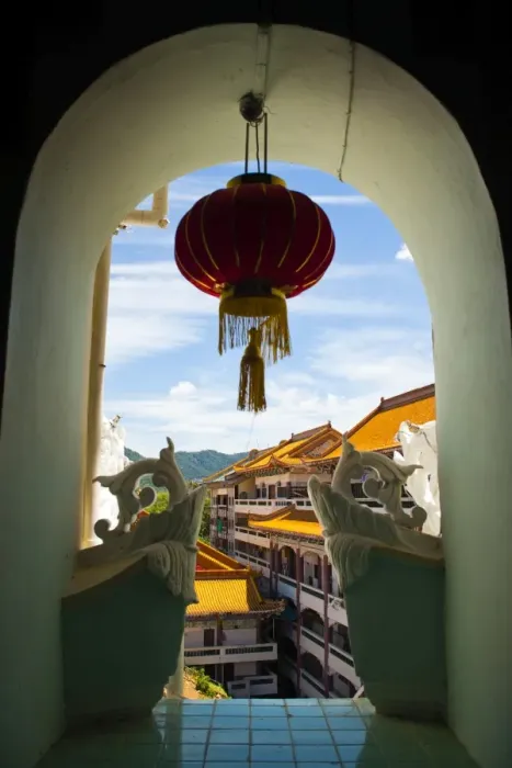 Framed Print : Chinese lantern hanging in an arch window at Kek Lok Si Temple, Penang, Malaysia, Southeast Asia, Asia