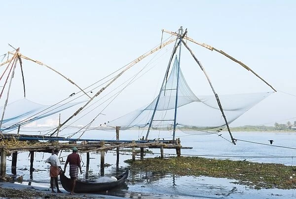 Chinese nets at dawn, Fort Kochi (Cochin), Kerala, India, South Asia