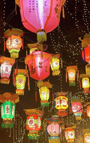 Chinese park decorated with bright and colorful hand-made lanterns during Chinese New Year